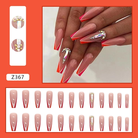 Luxury Long Coffin Press On Nails Aurora Square Rhinestone French V-Tip Orange Pink Gradient Fake Nails For Women Manicure