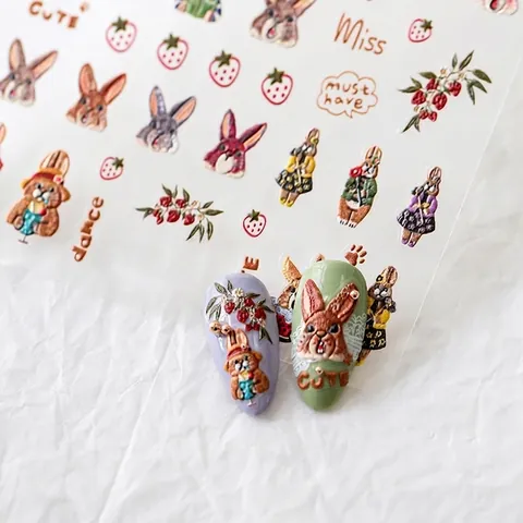 5D Geprägt Nagelkunst Aufkleber Stickerei Hase Blume Design Süßer Cartoon Maniküre Abziehbilder DIY Dekoration