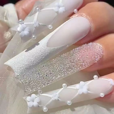 Lange Vierkante Kunstnagels Met 3D-Bloemen Kunstparels Witte Strik Glitter Elegante Bruid Bruiloft Valse Nagels