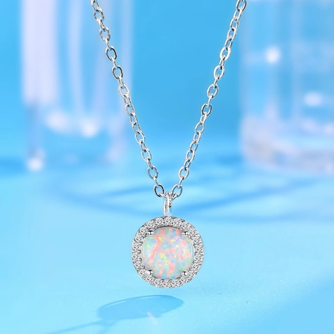Collier Et Boucles D'oreilles Pendentif Opale Ronde Opale De Feu Créée En Laboratoire Zircone Cuivre Chaîne Ajustable Élégant Pour Femme