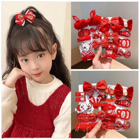 Kids Hair Clips And Hair Ties Fabric Plush Ribbon Embroidery Red Festive Rabbit Bow Knot Chinese New Year Spring Festival Party Girls Children Headwear