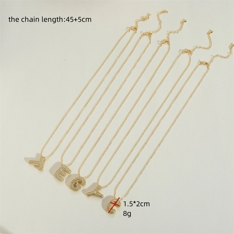 Alphabet Initial Pendant Necklace Copper Gold Plated With White Pave Zircon Bubble Letter For Women Elegant Jewelry