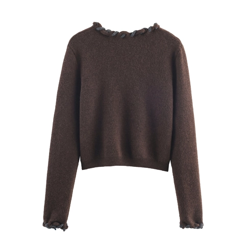 Cardigan In Maglia Donna Scollo A V Bordo Intrecciato Manica Lunga Casual Marrone Poliestere Spandex