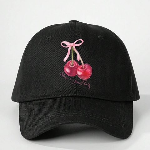 Cappello Da Baseball In Cotone Da Donna Stampa Ciliegia E Fiocco Have A Good Day Regolabile Visiera Curva Cappello Alla Moda