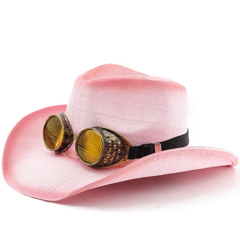 Steampunk Cowboy Hat Straw Woven With Retro Goggles Sun Protection Outdoor Cosplay Party Accessory For Men Women