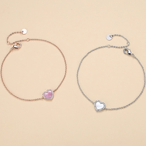 Bracciale Moda con Pendente a Cuore per Donna Rosa Bianco Madreperla Conchiglia Strass Intarsiato Gioielli Regolabili