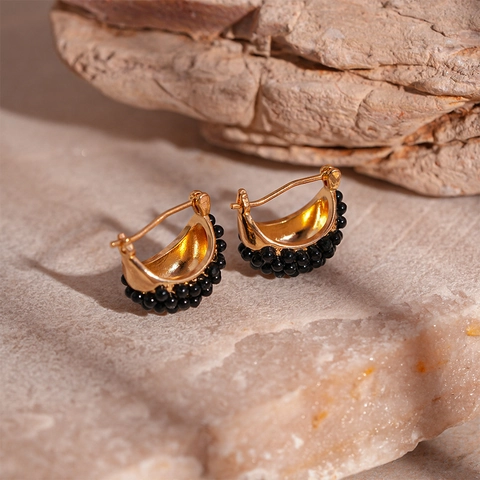 Vintage Dark Geometric C-Shaped Hoop Earrings With Resin Beads Alloy Base And Silver Earring Post For Women