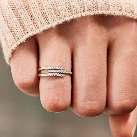 S925 Sterlingsilber Dreilagiger Pavé Strass Offener Verstellbarer Ring Für Damen Minimalistischer Modeschmuck Fingerring Geschenk
