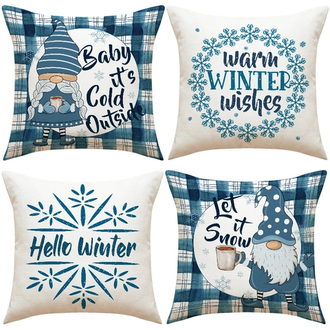 Funda De Almohada De Navidad Lino Cuadros Azules Gnomo Copo De Nieve Decoración De Invierno Para Sofá