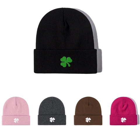 Knit Beanie Hat Acrylic Embroidered Clover Ribbed Cuff Warm Autumn Winter Casual Unisex Versatile Stretchy Skull Cap