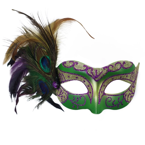 Maschera Da Mascherata Carnevale Mardi Gras Mezza Faccia Plastica Con Vere Piume Di Pavone Paillettes Dipinto Festa Veneziana
