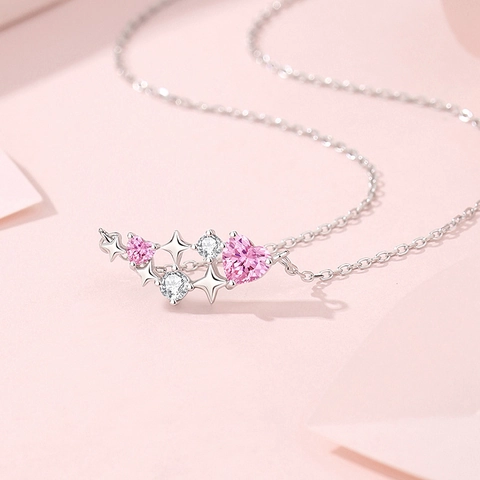 925 Sterlingsilber Rosa Herz Halskette Luxus Planet Stern Anhänger Zirkonia Choker Süßer Romantischer Schmuck Für Damen