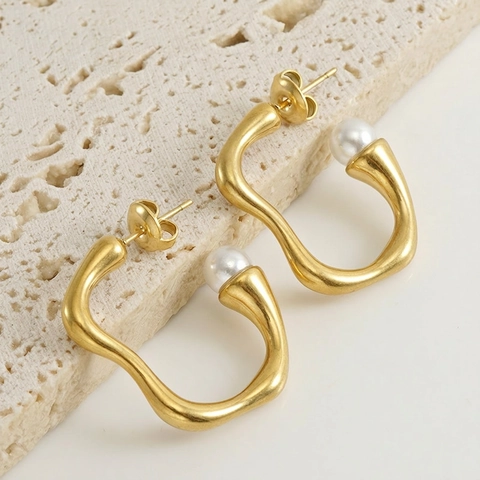 Pendientes De Aro Con Ondas Irregulares Acero Inoxidable Chapado En Oro De 18K Con Perla Artificial Joyería Para Mujer