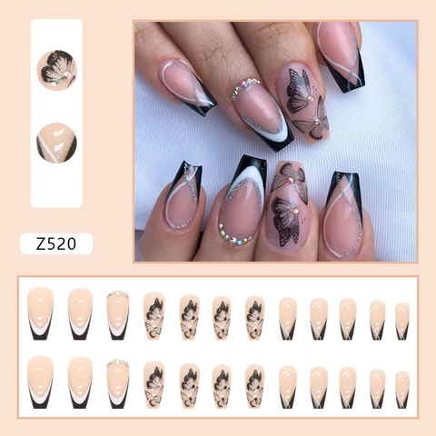 Unghie Finte Press On Farfalla Strass Lunghe Coffin Nero Bianco French Tip Glitter Argento Sweet Cool Y2K