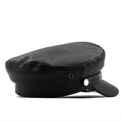 Women Newsboy Cap PU Leather Octagonal Military Hat With Silver Metal Chain Vintage Solid Black Retro Flat Top