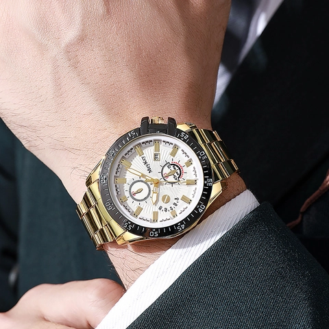 Orologio Al Quarzo Da Uomo Affari Lusso Cinturino In Lega Oro Calendario Data Resistente Al Acqua Analogico Moda