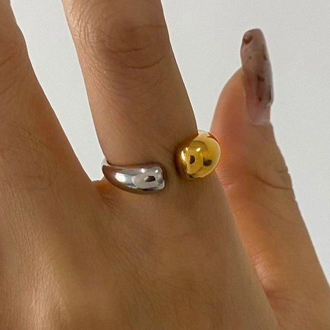 Stainless Steel Two Tone Open Ring Women Gold Silver Asymmetrical Liquid Droplet Design Minimalist Modern Jewelry