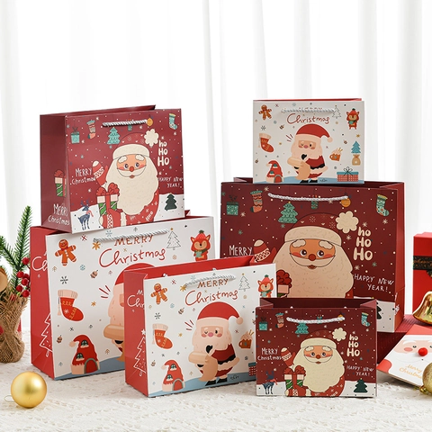 Weihnachts Geschenktüten Weißer Karton Handheld Papiertüte Für Feiertagsparty Cartoon Weihnachtsmann Rentier Muster Festlich