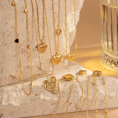 Minimalistisch Vergoldete Edelstahl Herz Anhänger Halskette Für Damen Lava Textur Hohlherz Schlangenkette Schmuck Geschenk