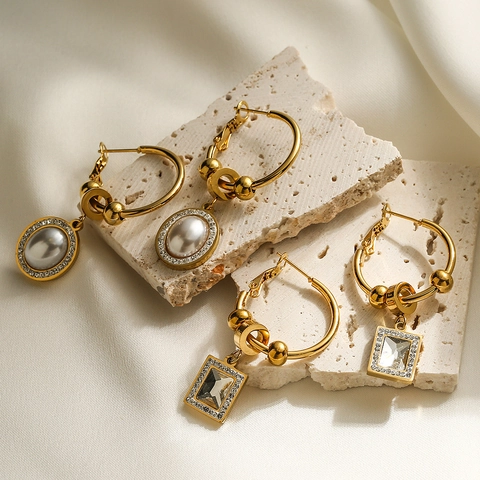 Geometrische Zirkoon Kunstparel Dangle Hoop Oorbellen Verguld Roestvrij Staal Vintage Elegante Mode Sieraden Vrouwen