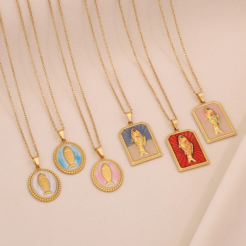 Stainless Steel Gold Plated Fish Pendant Necklace Enamel Tarot Card Style Retro Jewelry For Women