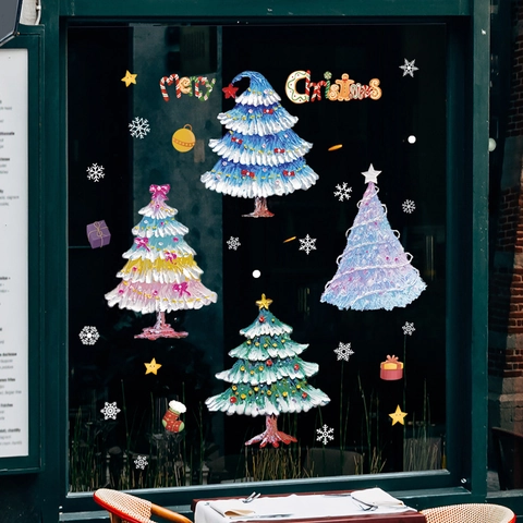Weihnachtsfensteraufkleber Statisch Haftend Ölgemälde Stil PVC Tannenbaum Schneeflocke Abnehmbar Glas Deko