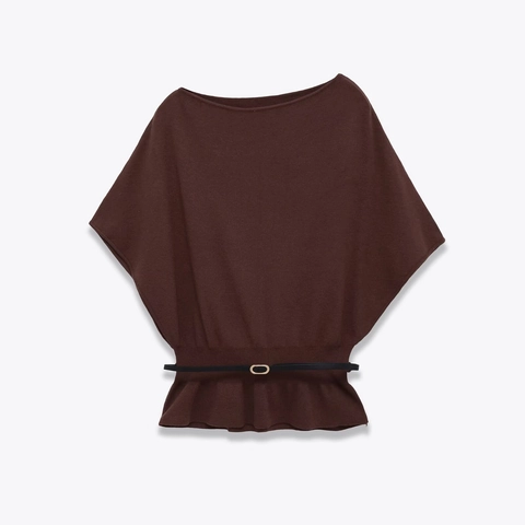 Solid Brown Women Knitted Top Elegant Boat Neck Sleeveless Sweater With Belt Ruffled Hem Elegant Casual Chic Wear