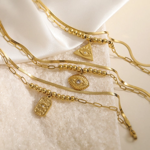 Bracciale Doppio Strato Malocchio Acciaio Inossidabile Placcato Oro Stile Bohémien Retrò Gioielli Donna Catena