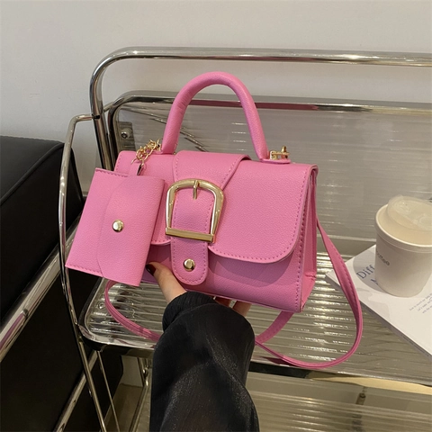 Women Shoulder Bag PU Leather Top Handle Crossbody Small Square Candy Color Retro Style With Mini Pouch