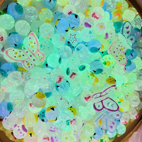 Luminous Round Acrylic Beads Glow In The Dark Hand Painted Stars Hearts Flowers For DIY Jewelry Making Bracelet Accessory