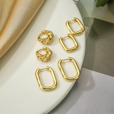 Geometric Hoop Earrings Copper Polished U-Shaped Oval Rectangular Twisted Croissant Minimalist French Jewelry For Women