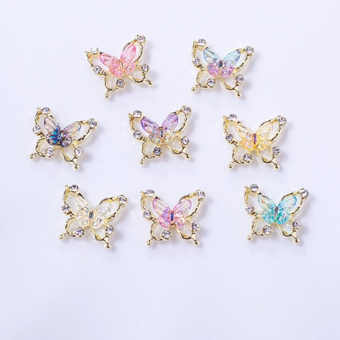 Vlinder Nagelkunst Charms Legering Glas Kristal Hol 3D Laser Gradiënt Kleurrijk Manicure Decoratie Accessoires Vrouwen