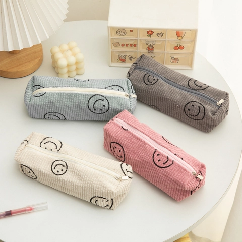 Fluweel Etui Schrijfwarentas Met Smiley Patroon Ritssluiting Opbergtas Voor Studenten En Kantoor Eenvoudige Stijl