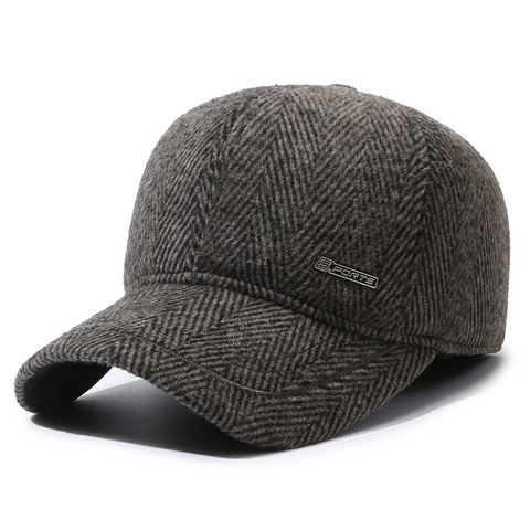 Herren Winter Baseballkappe Fischgrätmuster Wollmischung Ohrenschutz Dicke Warme Outdoor Sportmütze Verstellbar