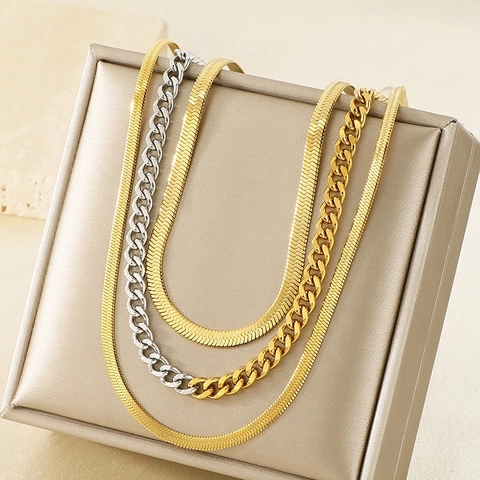 Collana Multistrato Acciaio Inossidabile Catena A Serpente E Catena Cubana Bicolore Oro Argento Gioielli Hip Hop Donna
