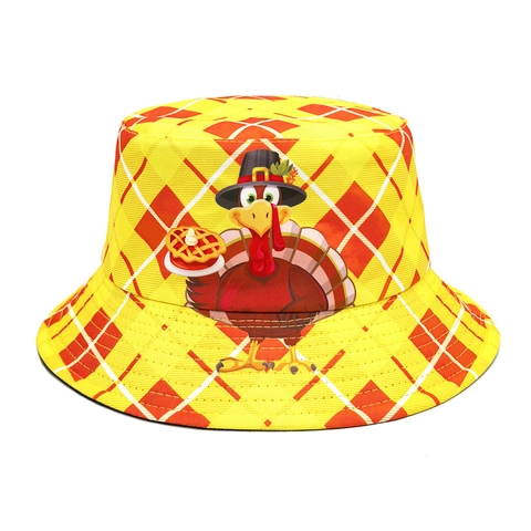 Chapeau Bob Imprimé Dinde De Thanksgiving Réversible Polyester À Carreaux Protection Solaire Pour Hommes Femmes