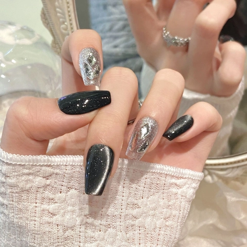 Handmade Press On Nails Black Cat Eye Silver Glitter Rhinestone Luxury Long Coffin False Nails For Women