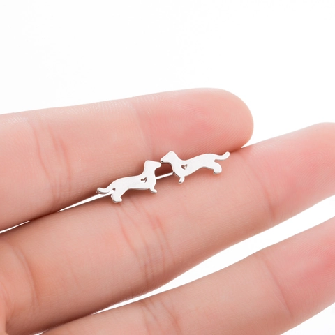 Dachshund Dog Stud Earrings Stainless Steel Hollow Heart Animal Shape Polished Minimalist Jewelry For Women Girls