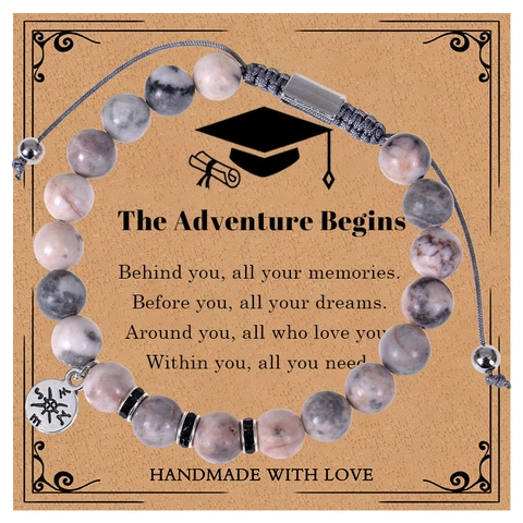 Natural Stone Beaded Bracelet With Alloy Compass Charm Graduation Gift Adjustable Braided Rope For Men And Women
