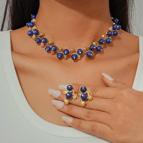 Vintage Jewelry Necklace And Earrings Blue Resin Beads Alloy Leaf Rhinestone Retro Elegant Women