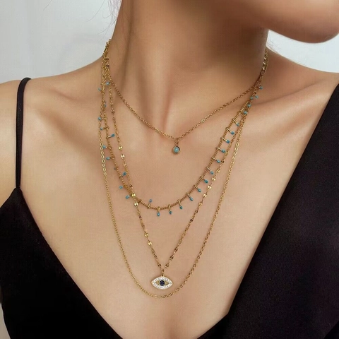 Mehrlagige Halskette Edelstahl Vergoldet Böses Auge Türkis Perlen Anhänger Böhmen Stil Schmuck Für Damen