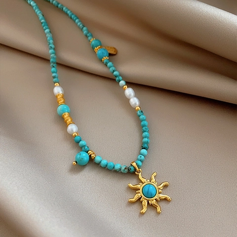 Collana Con Pendente A Sole Bohemien Con Perline Di Turchese E Künstliche Perle Gioielli In Stile Etnico Vintage Per Donna