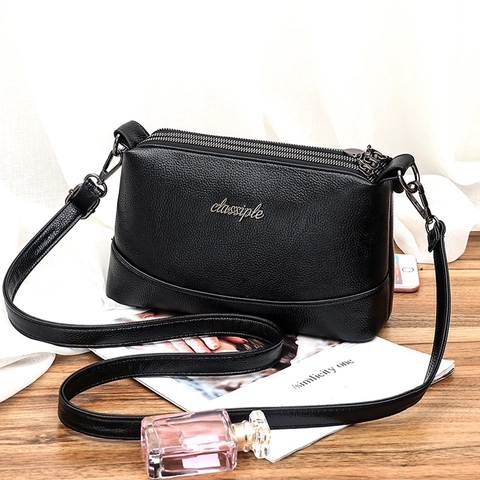 Women Crossbody Bag PU Leather Multi Layer Zipper Multi Compartment Simple Casual Messenger Shoulder Bag