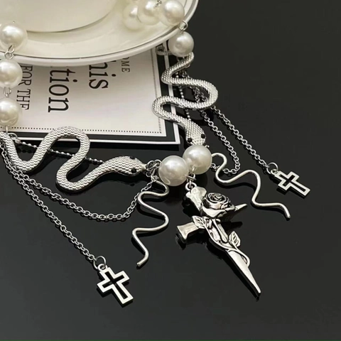 Gothic Schlange Kreuz Quaste Gespleißte Künstliche Perle Halskette Für Damen Vintage Silber Legierung Choker Punk Schmuck Geschenk