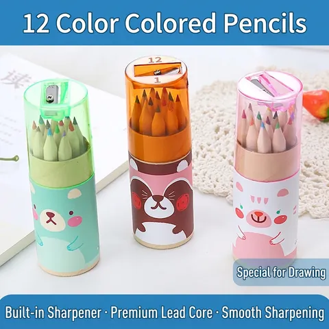 Crayons De Couleur Avec Taille-Crayon Intégré Étui Cylindre Animal Dessin Animé Crayons En Bois Pour Enfants Étudiants Dessin