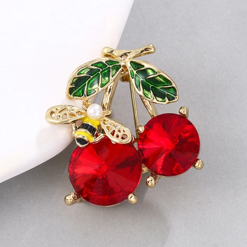 Cherry Fruit Brooch Pin Alloy Crystal Enamel Rhinestone Bee Artificial Pearl Decorative Apparel Accessory Women Style