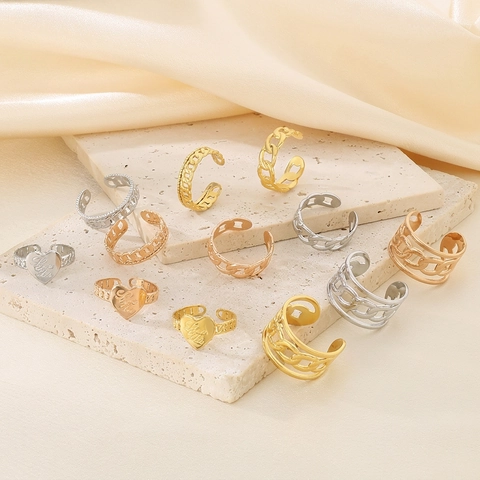 Anillos Abiertos Ajustables De Acero Inoxidable Para Mujer Forma De Corazón Hueco Cadena Cuban Link Joyería De Moda