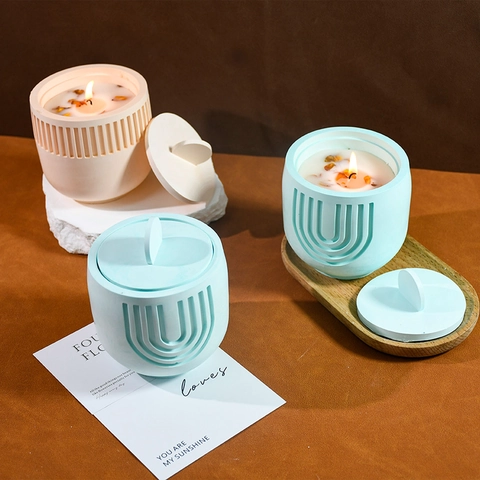 Storage Jar Silicone Mold U-Shape Stripe Relief DIY Candle Cup Holder With Lid Plaster Resin Concrete Craft Casting Tool