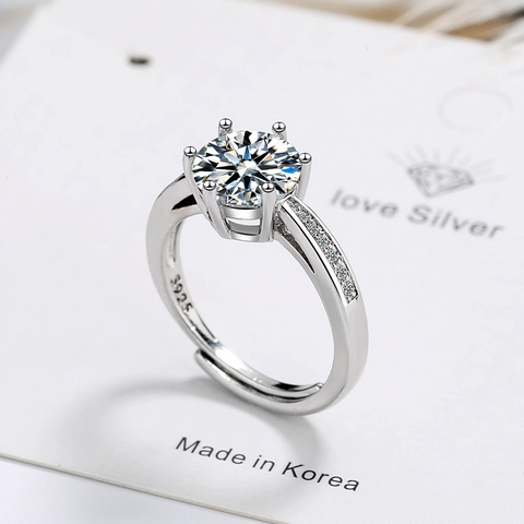 Klassischer Kupferner Offener Ring Mit Sechs Zinken Runder Zirkonia Für Damen Eleganter Versilberter Verstellbarer Fingerschmuck