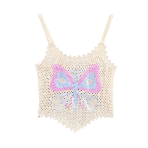 Top Cami All'uncinetto Da Donna Maglia Motivo Farfalla Schiena Arricciata Vestibilità Aderente Senza Maniche Orlo Festonato Vacanze Estive